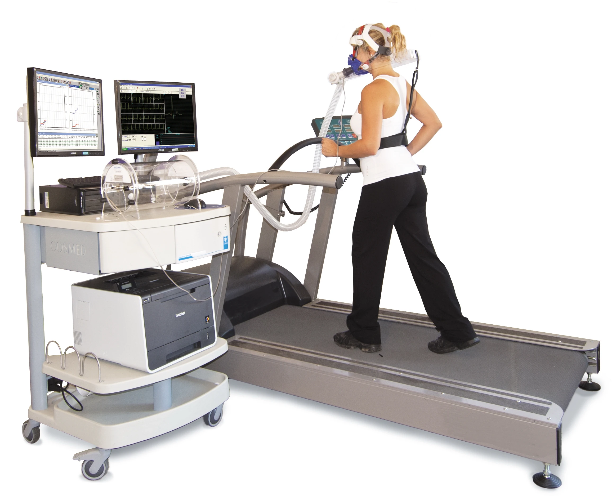 A person on a treadmill wearing a breathing measurement mask connected to cardiopulmonary exercise testing equipment.