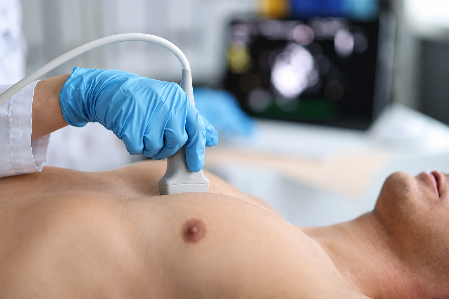 A clinician’s blue-gloved hand holding an ultrasound probe against a patient’s chest, with a softly blurred monitor behind them.