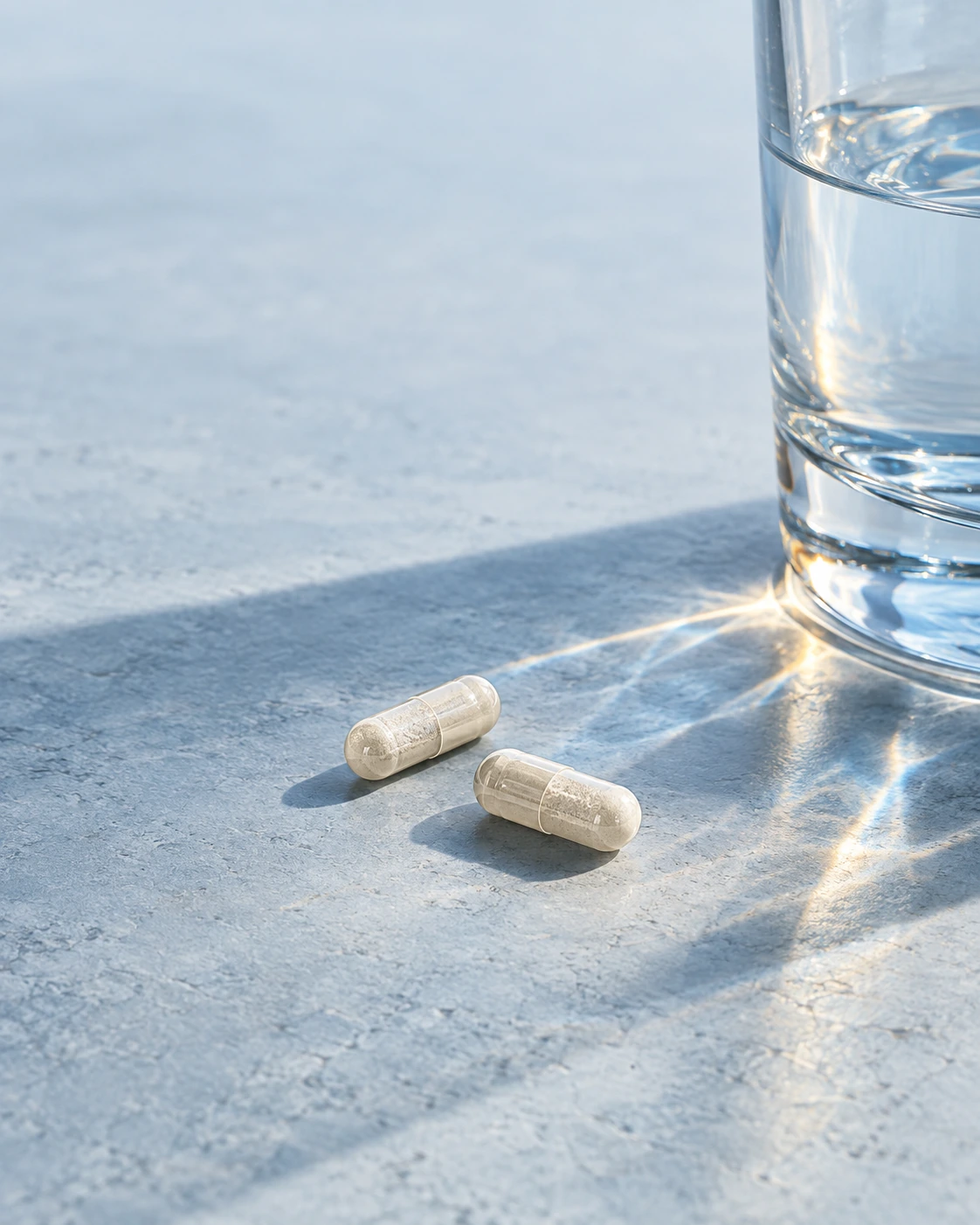 An illustrative still life of two capsules beside a glass of water